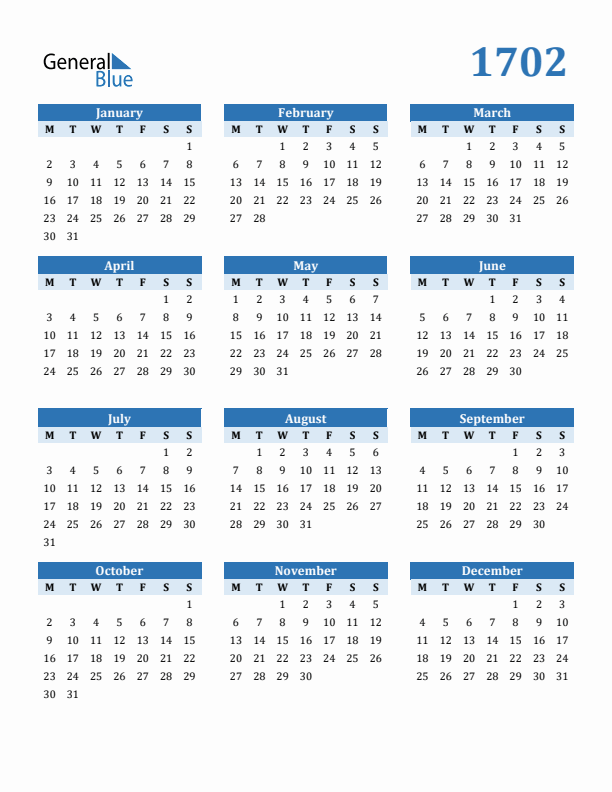 1702 Year Calendar with Monday Start