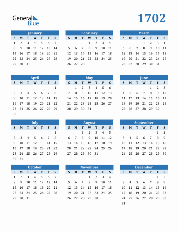 1702 Year Calendar with Sunday Start