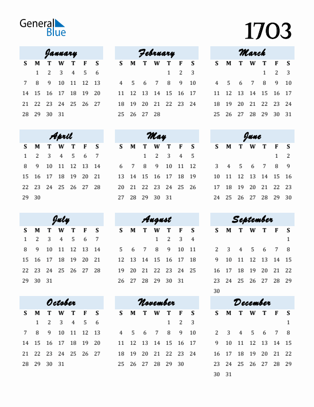 Calendar 1703 Free Download and Print