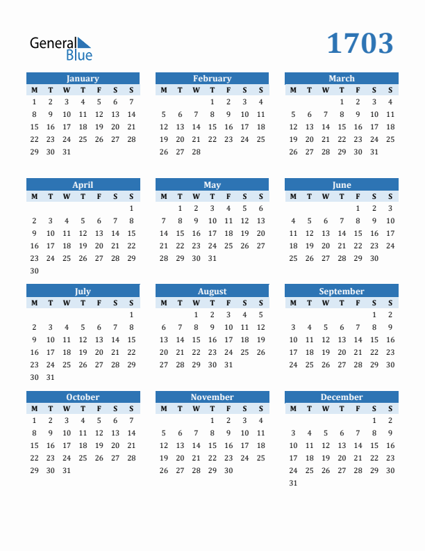 1703 Year Calendar with Monday Start