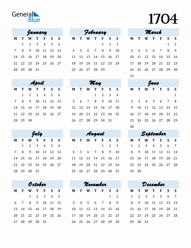 Calendar 1704 Free Download and Print