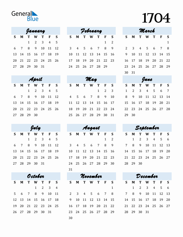 Calendar 1704 Free Download and Print