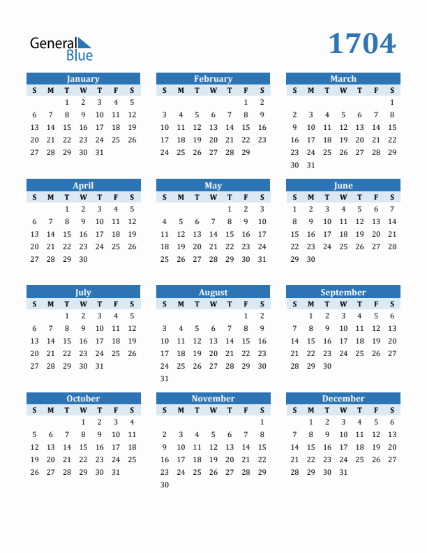 1704 Year Calendar with Sunday Start
