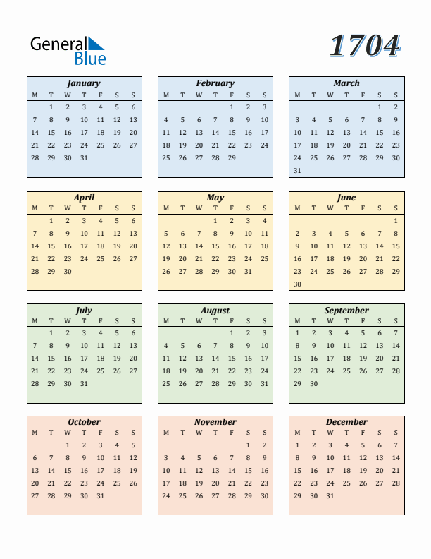 Calendar for 1704 (Monday Start)