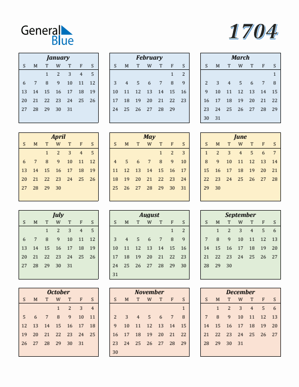 Calendar for 1704 (Sunday Start)