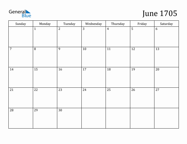 June 1705 Calendar