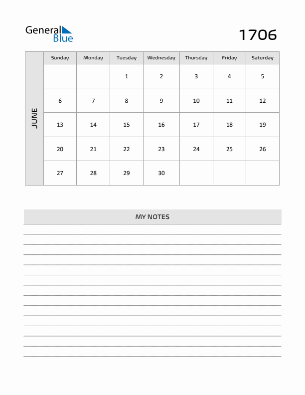 June 1706 Calendar Printable