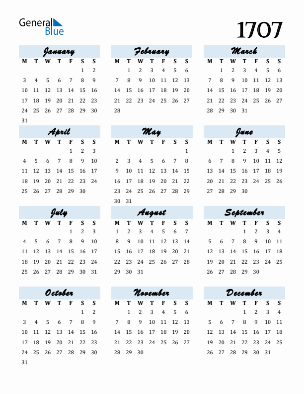Calendar 1707 Free Download and Print