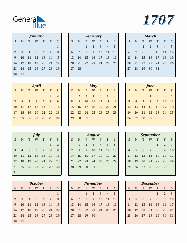 Calendar for 1707 (Sunday Start)