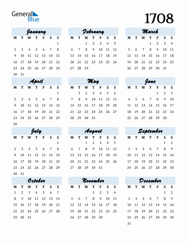 Calendar 1708 Free Download and Print