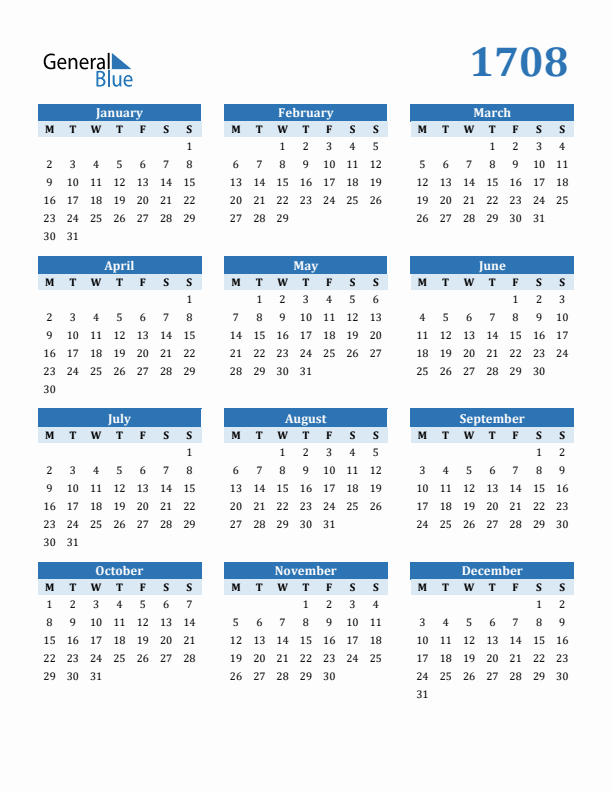 1708 Year Calendar with Monday Start