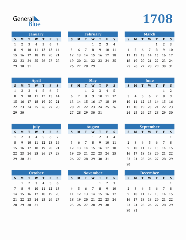 1708 Year Calendar with Sunday Start