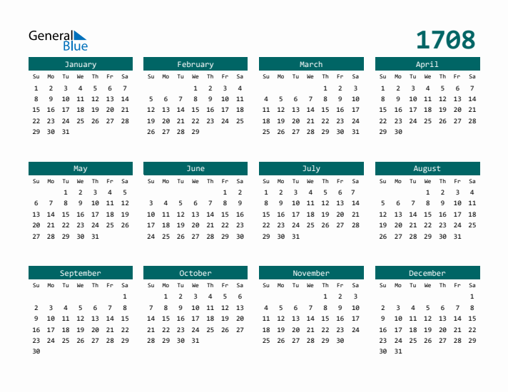 Downloadable 1708 Calendar