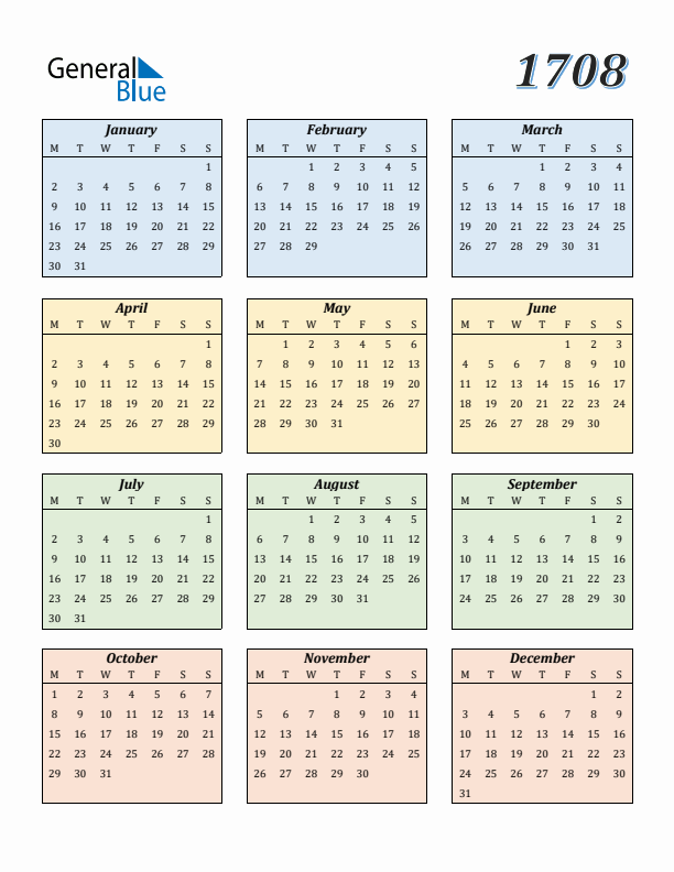 Calendar for 1708 (Monday Start)