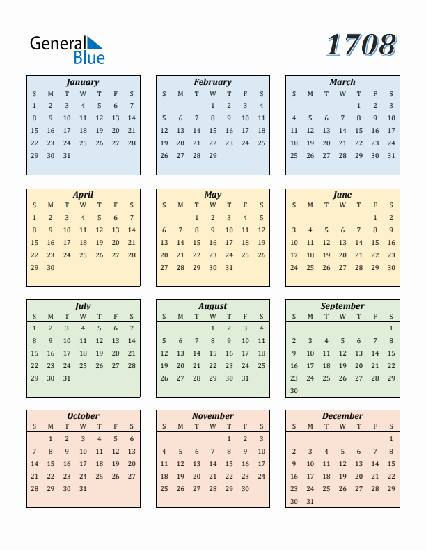 Calendar for 1708 (Sunday Start)