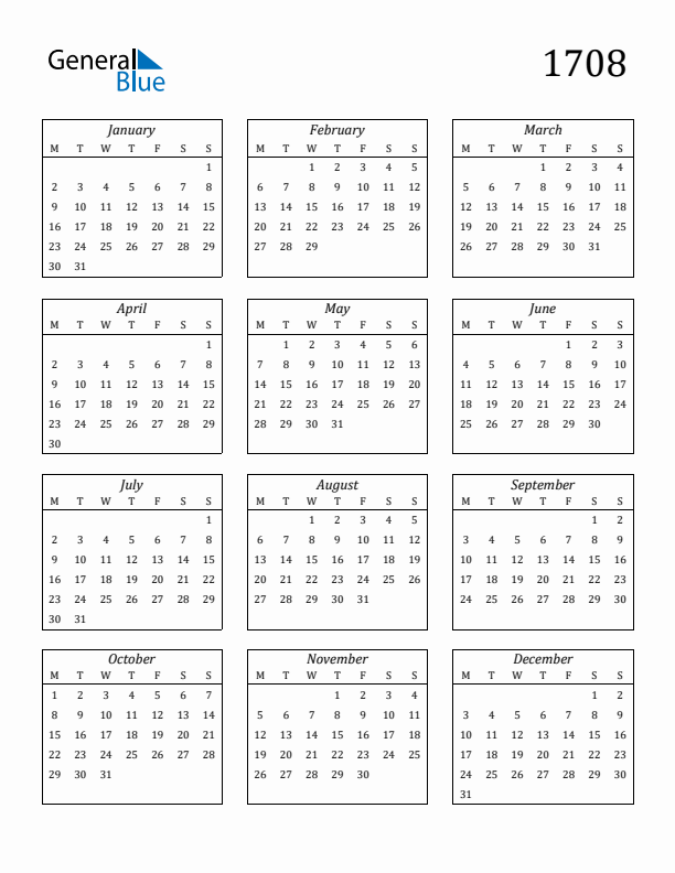 Blank Calendar 1708