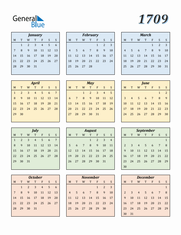 Calendar for 1709 (Monday Start)