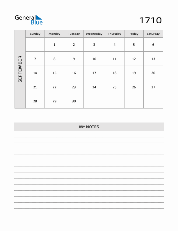 September 1710 Calendar Printable