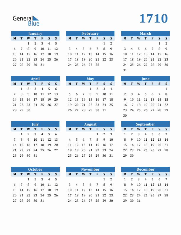1710 Year Calendar with Monday Start