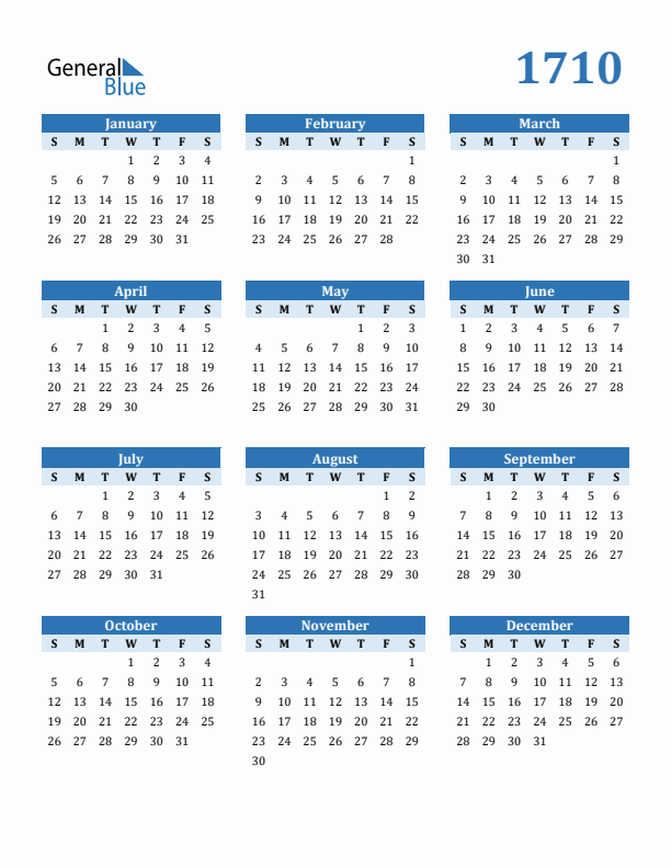 1710 Year Calendar with Sunday Start