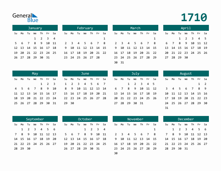 Downloadable 1710 Calendar