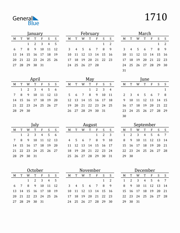 Free Printable Calendar 1710 with Monday Start