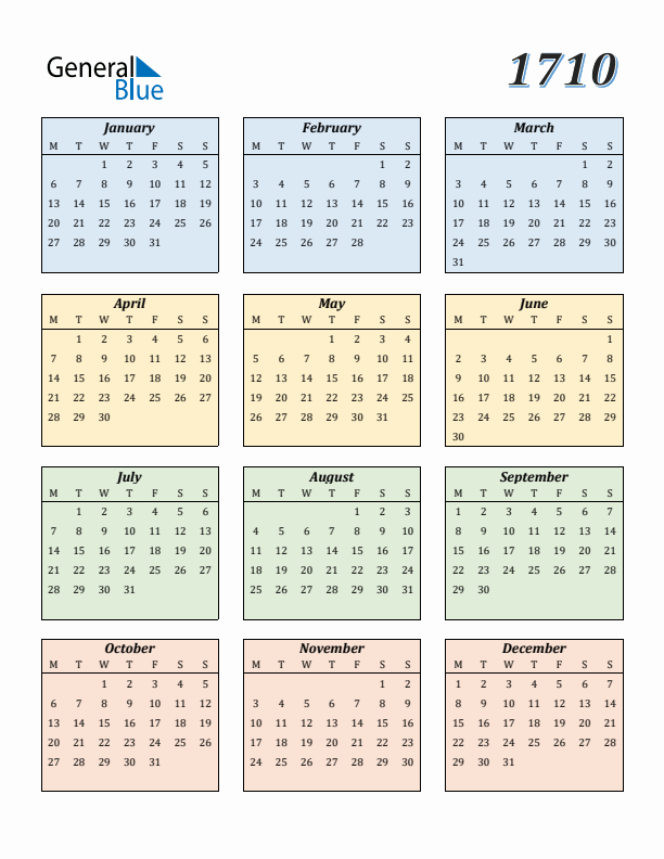 Calendar for 1710 (Monday Start)