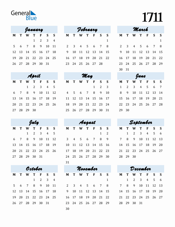 Calendar 1711 Free Download and Print