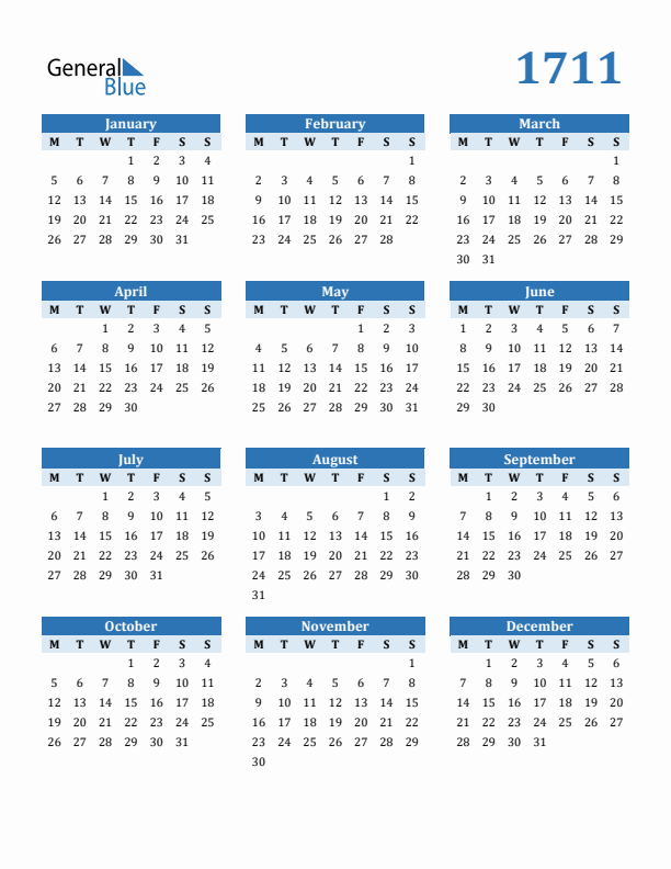 1711 Year Calendar with Monday Start