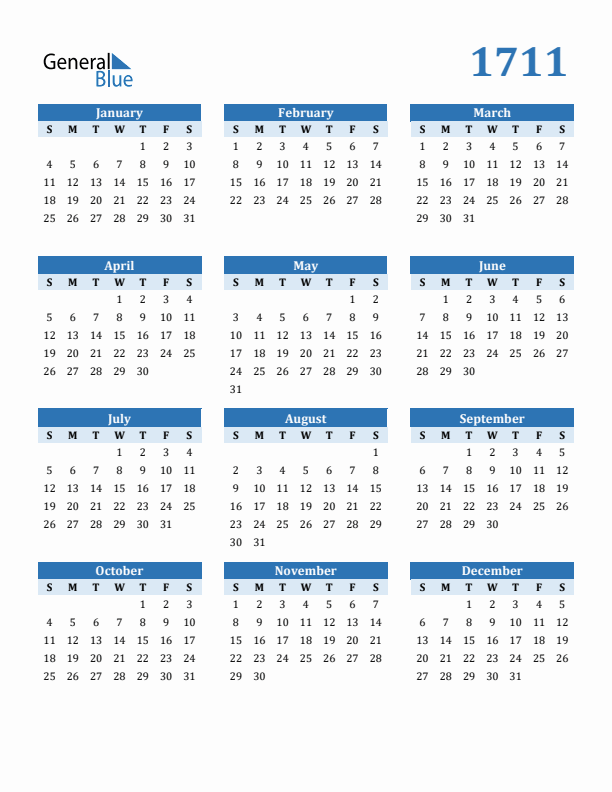 1711 Year Calendar with Sunday Start