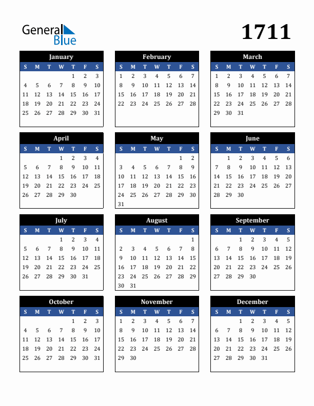 Editable Calendar 1711 - Sunday Start