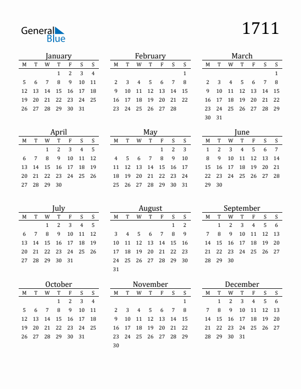 Free Printable Calendar 1711 with Monday Start