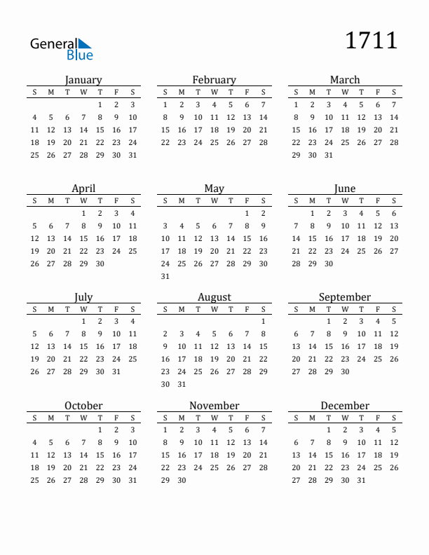 Free Printable Calendar 1711 with Sunday Start