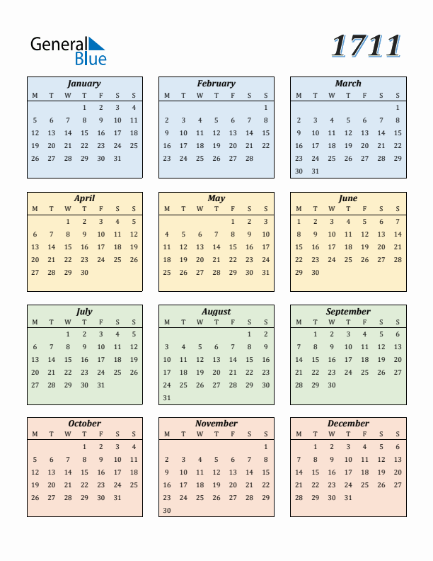 Calendar for 1711 (Monday Start)