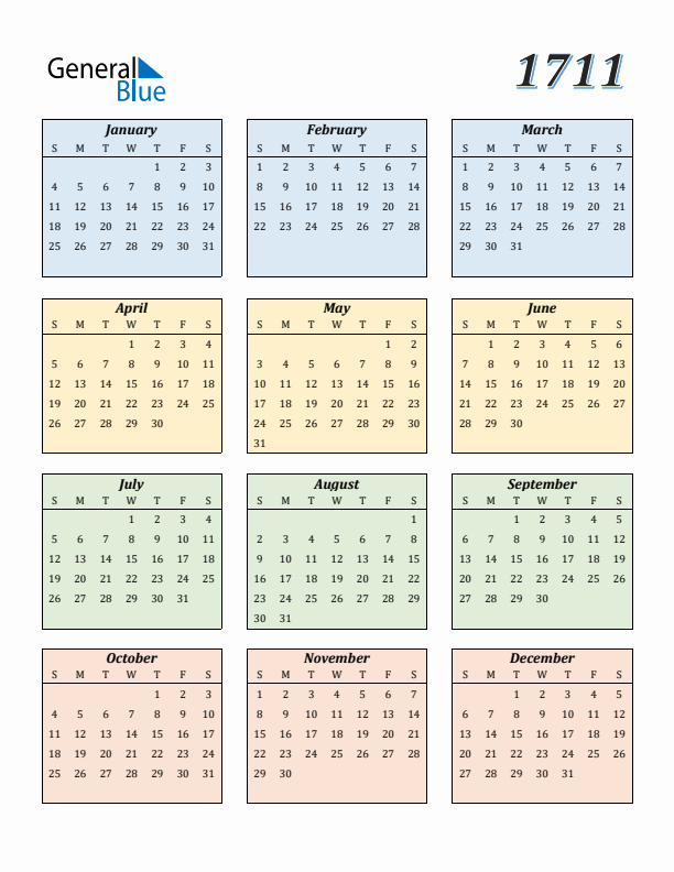 Calendar for 1711 (Sunday Start)