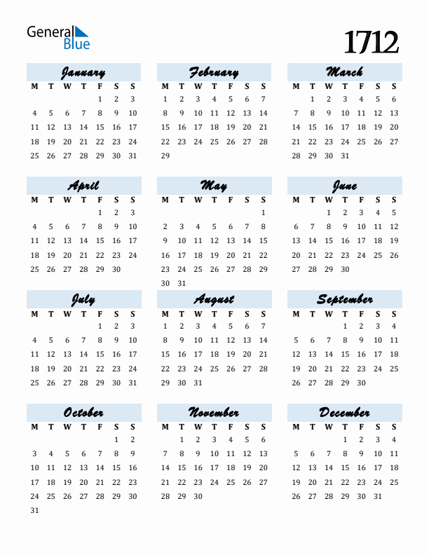 Calendar 1712 Free Download and Print