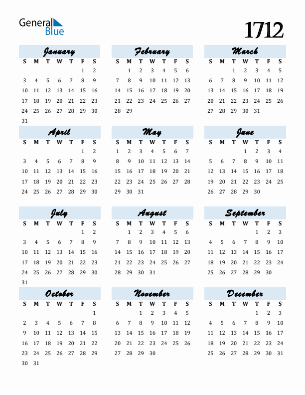 Calendar 1712 Free Download and Print