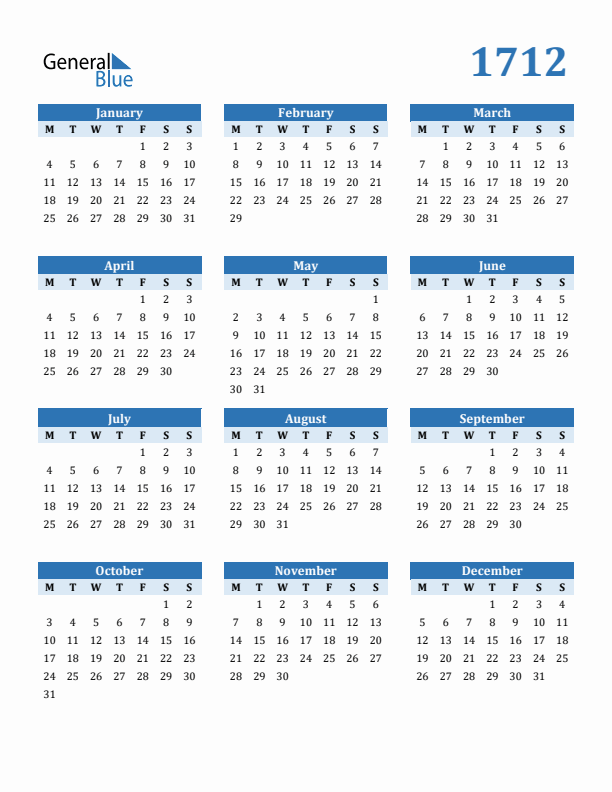 1712 Year Calendar with Monday Start