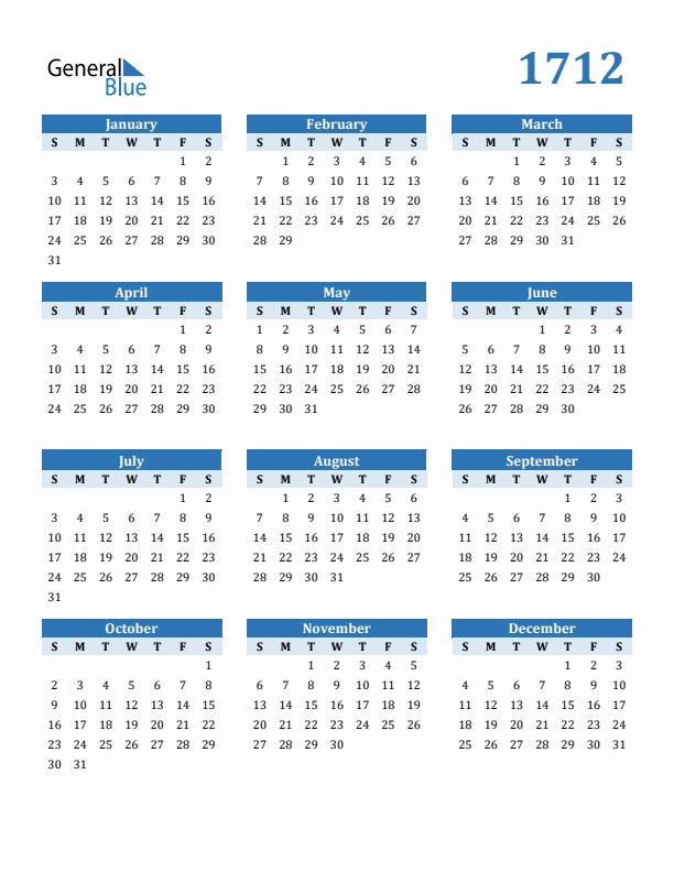1712 Year Calendar with Sunday Start
