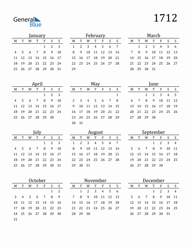Free Printable Calendar 1712 with Monday Start