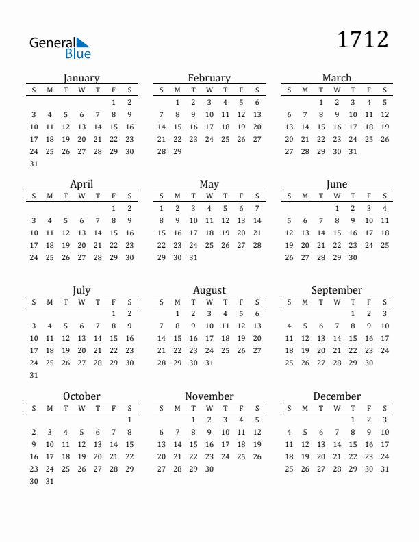 Free Printable Calendar 1712 with Sunday Start