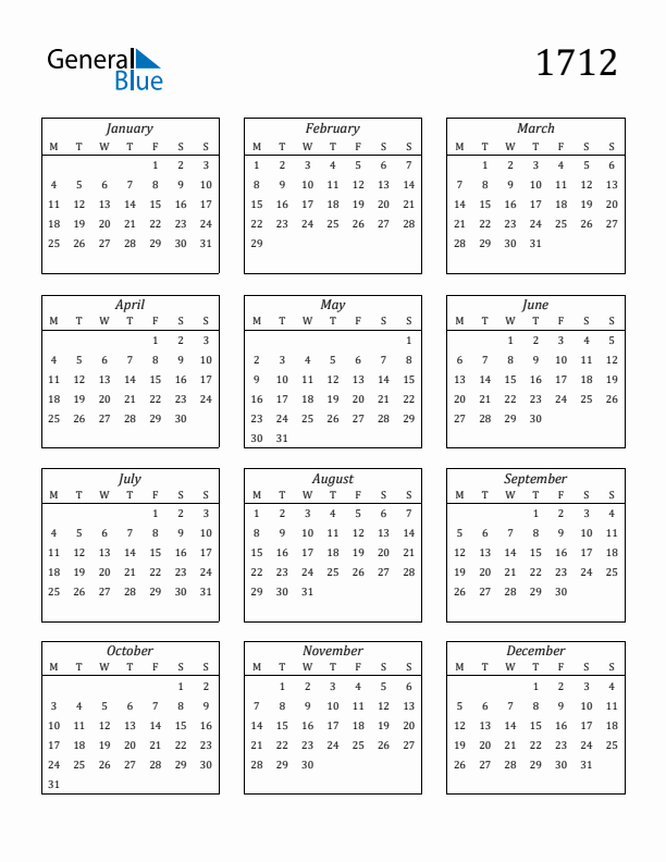 Blank Calendar 1712