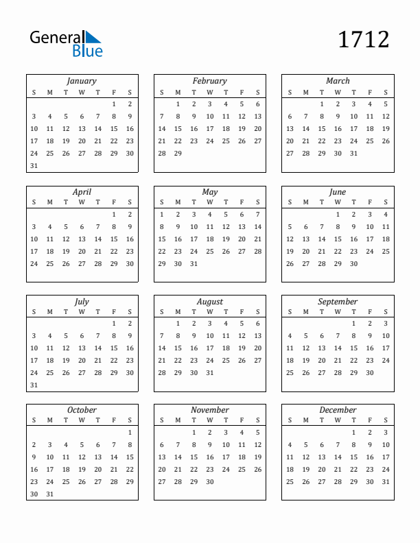Blank Calendar 1712