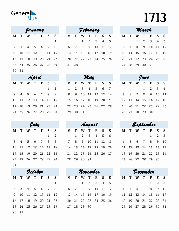 Calendar 1713 Free Download and Print