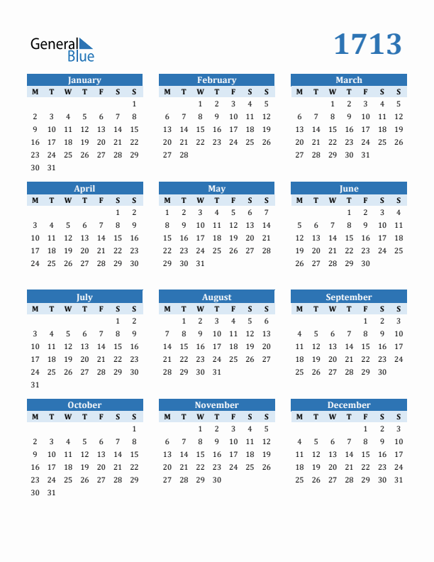 1713 Year Calendar with Monday Start