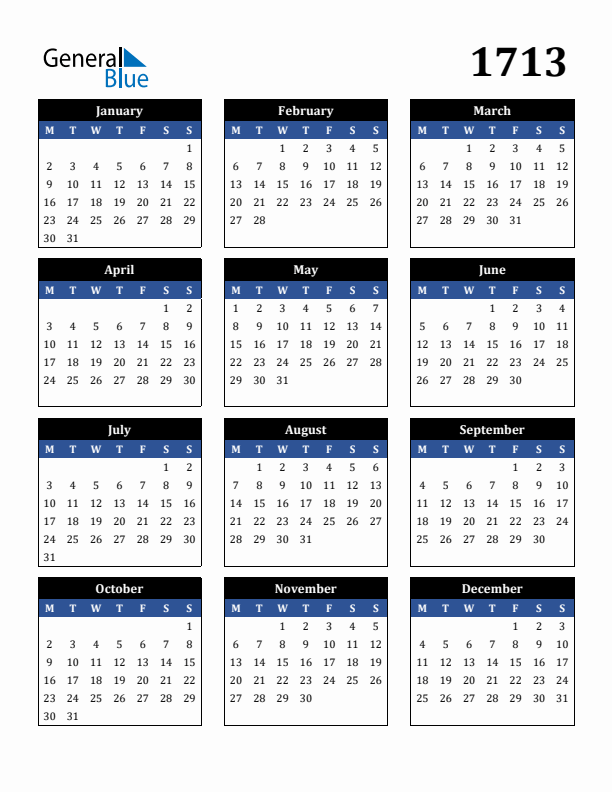 Editable Calendar 1713 - Monday Start