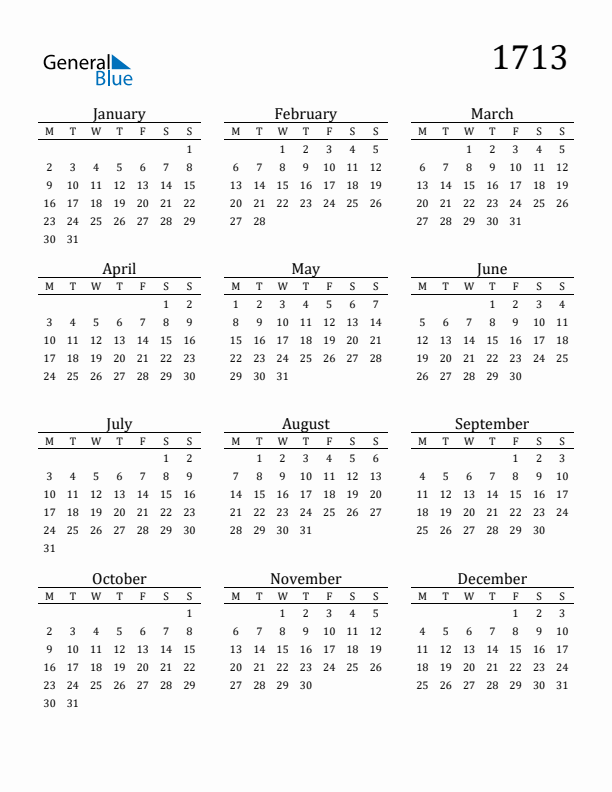 Free Printable Calendar 1713 with Monday Start