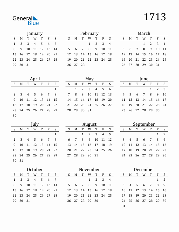 Free Printable Calendar 1713 with Sunday Start