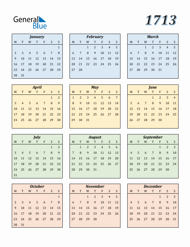 Calendar for 1713 (Monday Start)