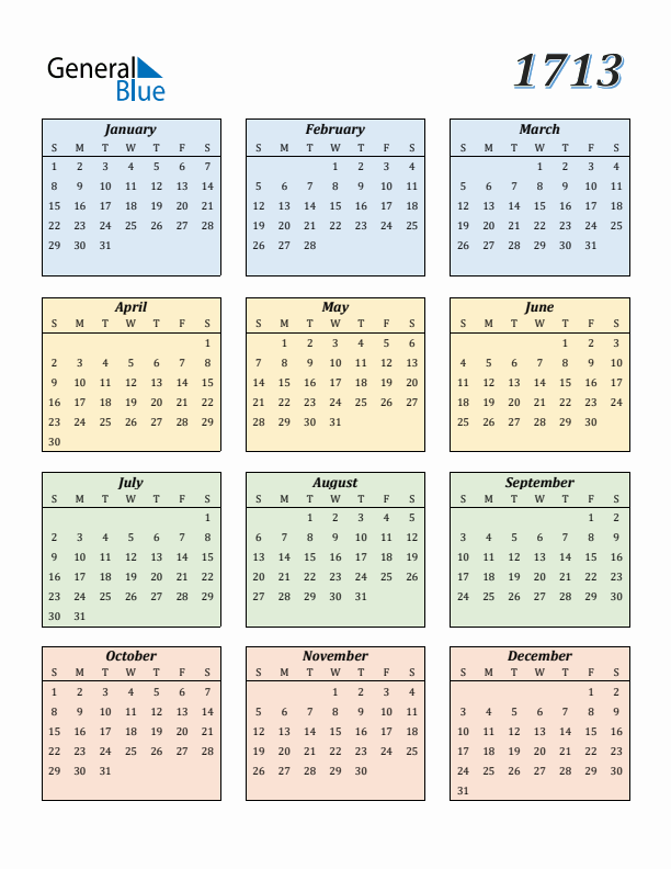 Calendar for 1713 (Sunday Start)